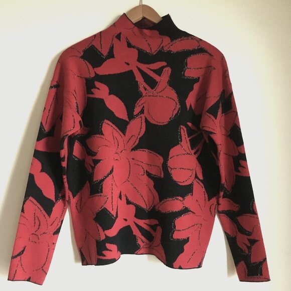 Tahari Abstract Carnation Red and Black Mockneck Sweater - Picture 1 of 13